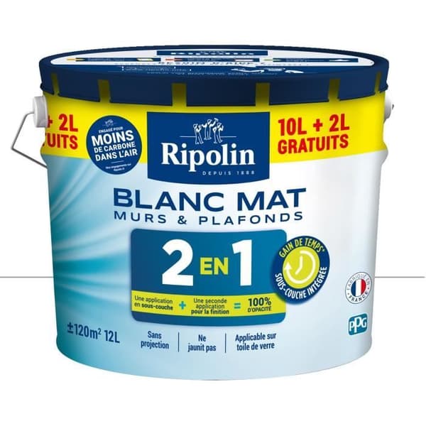 Målning Väggar och Tak 2 i 1 Vit Matt Ripolin 10L + 2L gratis