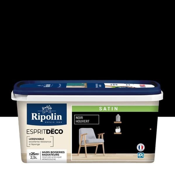 Inomhus Satin Färg för Kök, Vardagsrum, Sovrum - på Väggar, Snickerier, Radiatorer - 2,5L - Svart Houvert - Ripolin