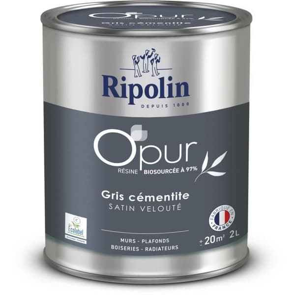 Målarfärg O'PUR för väggar, snickerier &amp; radiatorer - RIPOLIN - 472185 - Cementgrå - Satinmatt - 2 L