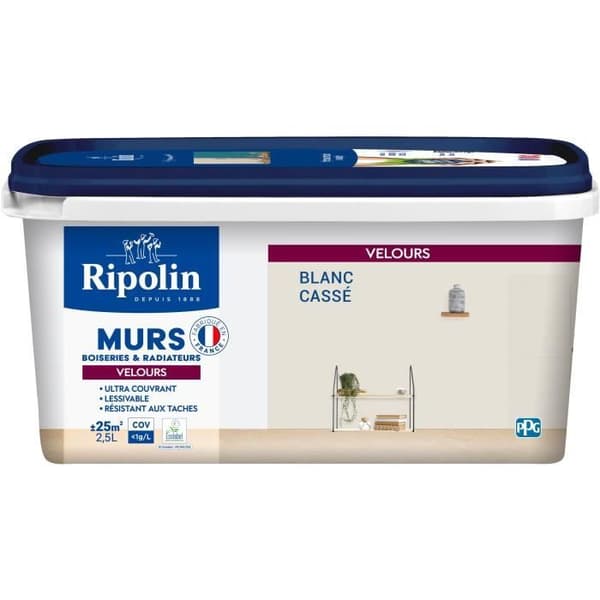 Målning för väggar, snickerier &amp; radiatorer - RIPOLIN - 467079 - Bruten vit - Sammet - 2,5 L