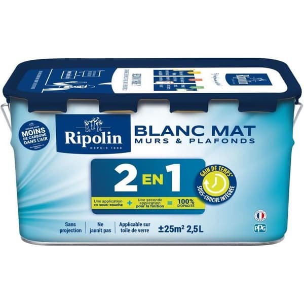 Målarfärg 2 i 1 för väggar och tak - Matt vit - RIPOLIN - 2,5 L
