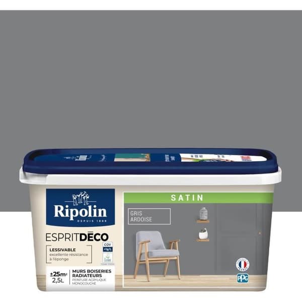 RIPOLIN Färg Satin Ultra Täckande för Kök, Sovrum, Vardagsrum, Rum, Entré, Korridor - Skiffergrå
