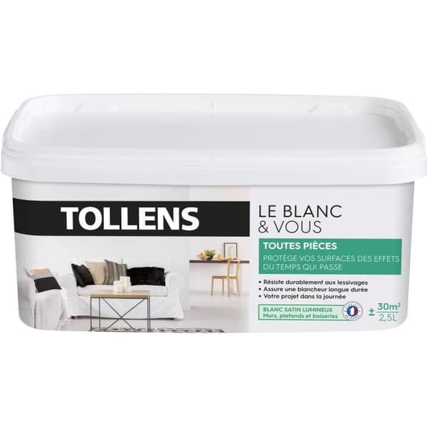 Måleri - Vit - Satin - TOLLENS - Alla Rum - Väggar, Tak, Snickerier - Slittålig - 2,5L = 30m2