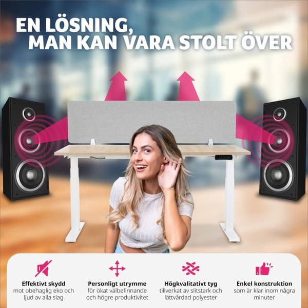 Skrivbordsvägg, avskiljare Noisy med rundade hörn - 130 x 40 cm, grå