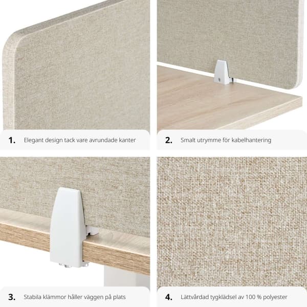 Skrivbordsvägg, avskiljare Noisy med rundade hörn - 160 x 40 cm, beige