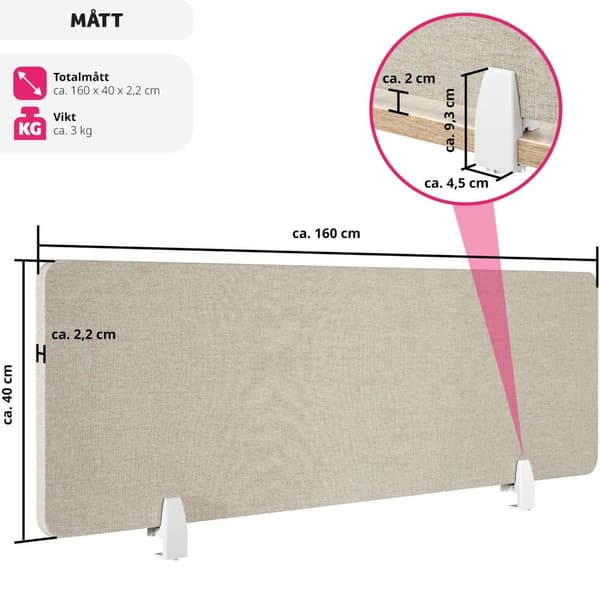 Skrivbordsvägg, avskiljare Noisy med rundade hörn - 160 x 40 cm, beige