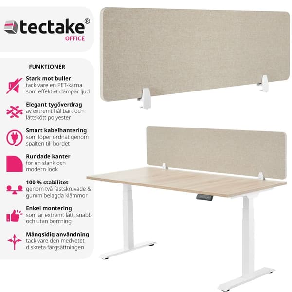 Skrivbordsvägg, avskiljare Noisy med rundade hörn - 160 x 40 cm, beige