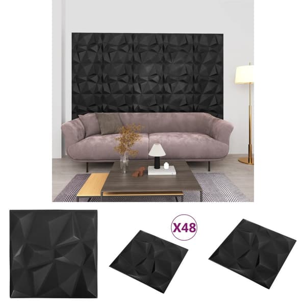 The Living Store 3D-seinäpaneelit 48 kpl 50x50 cm timantinmusta 12 m² - Seinäpaneelit