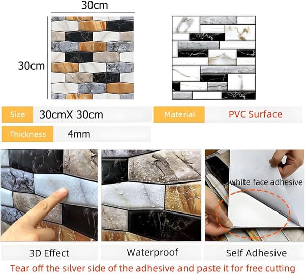 3D vægpaneler 10 stk selvklæbende vægklistermærker 30x30 cm – vandtætte vægklistermærker til hjem og badeværelse