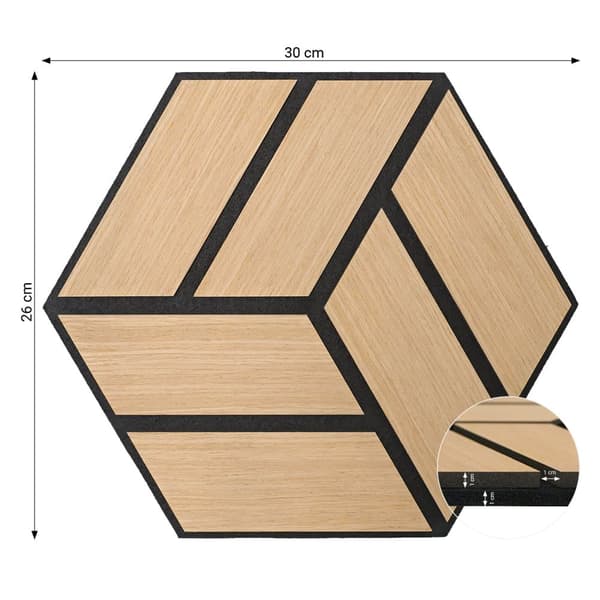 Akustiske Paneler, Hexagon Honningkage, 30x26 cm, Naturlig Eg