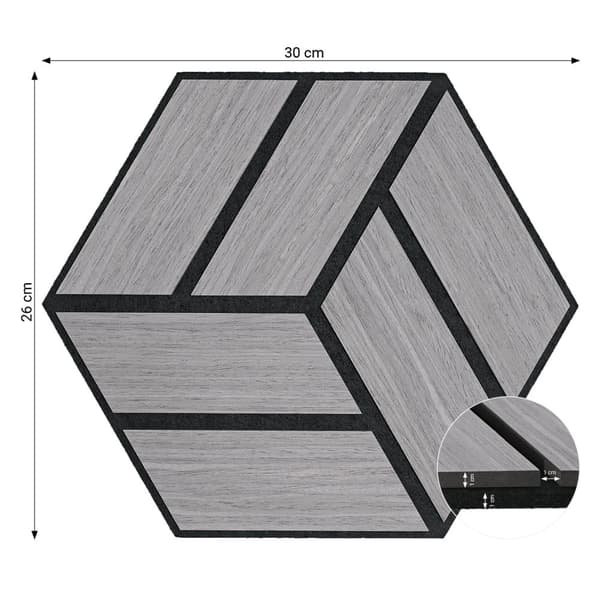 Akustiska Paneler, Hexagon Honeycomb, 30x26 cm, Grå