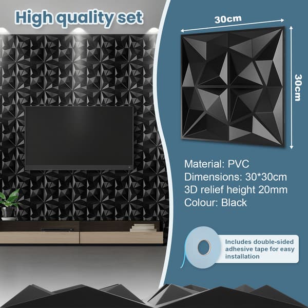 Set med 12 3D-väggdekaler, tredimensionella väggpaneler 30*30 cm, vattentäta och brandsäkra, lämpliga för kontor, sovrum, svarta