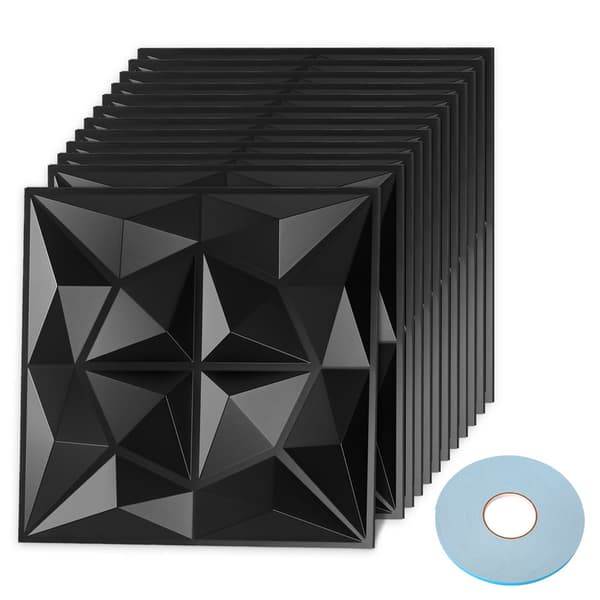 Set med 12 3D-väggdekaler, tredimensionella väggpaneler 30*30 cm, vattentäta och brandsäkra, lämpliga för kontor, sovrum, svarta