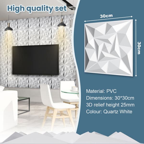 Set med 12 3D-väggdekaler, tredimensionella väggpaneler 30*30 cm, vattentäta och brandsäkra, lämpliga för kontor och sovrum, vita