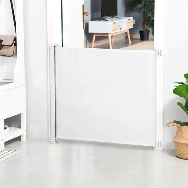 Rootz Dog Door Guard - Trappskydd - Säkerhetsavskiljare - Väggparti - Dörrskydd - Utdragbart trappskydd - Rullgardin - Rullbar - PVC - Vit - 115 x 82,