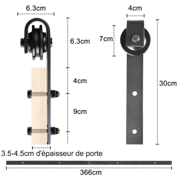 Skjutdörrsspårsats - Kolstål - 366cm - Max belastning 130kg - Tjocklek 35-45mm - Svart