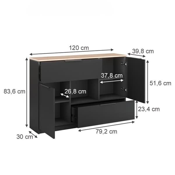 Vicco skänk Betti, antracit, 120 x 83,6 cm 2x dörr, 2x låda och 1x öppet fack