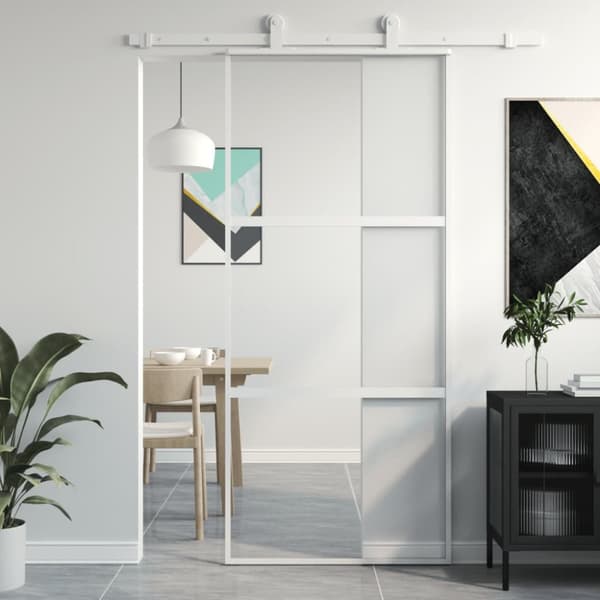 Skjutdörr vit 90x205 cm härdat glas och aluminium