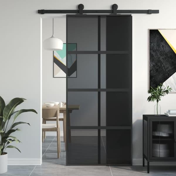 Skjutdörr svart 90x205 cm härdat glas och aluminium