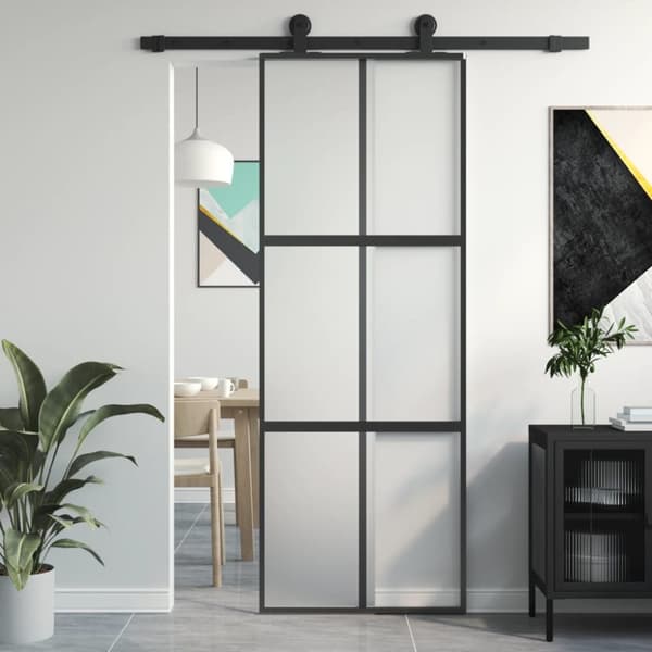 Skjutdörr svart 76x205 cm härdat glas och aluminium