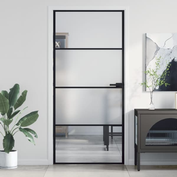 Innerdörr svart 93x201,5 cm härdat glas och aluminium slim