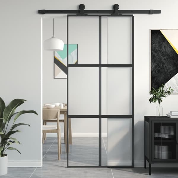 Skjutdörr svart 90x205 cm härdat glas och aluminium