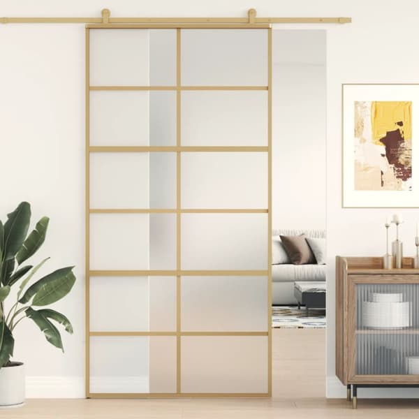 Skjutdörr guld 102,5x205 cm frostat ESG-glas och aluminium