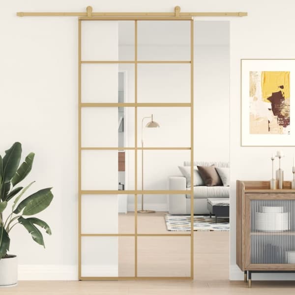 Skjutdörr guld 90x205 cm klart ESG-glas och aluminium