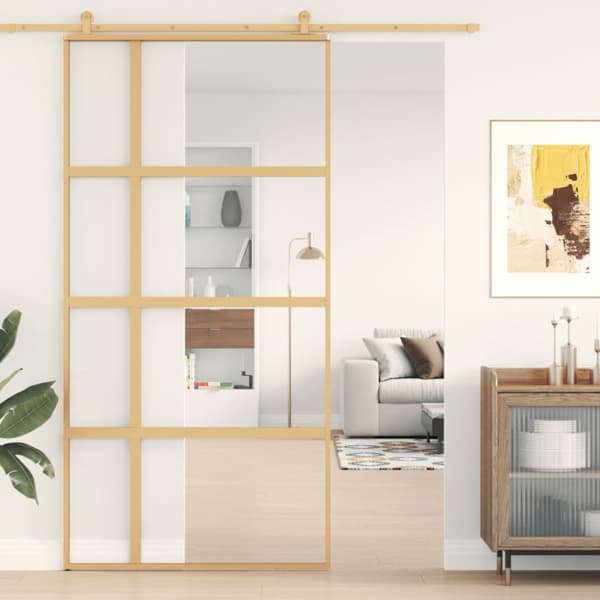 Skjutdörr guld 102,5x205 cm klart ESG-glas och aluminium