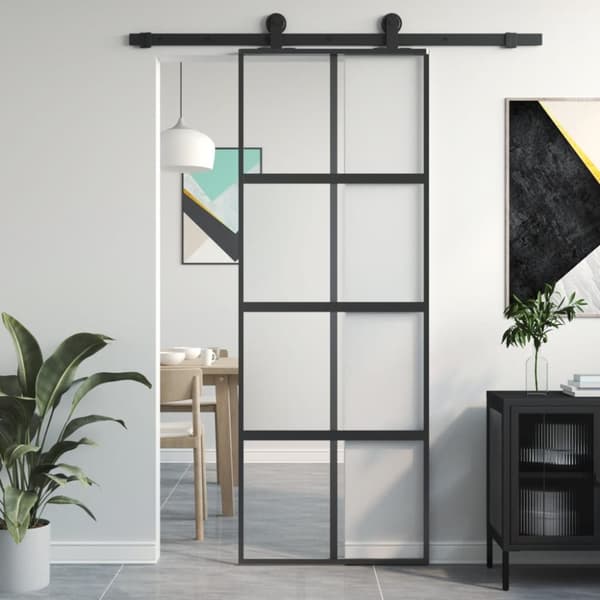 Skjutdörr svart 76x205 cm härdat glas och aluminium