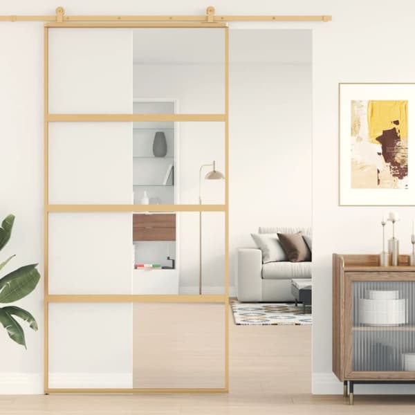 Skjutdörr guld 102,5x205 cm klart ESG-glas och aluminium