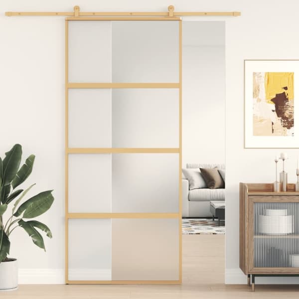 Skjutdörr guld 90x205 cm frostat ESG-glas och aluminium