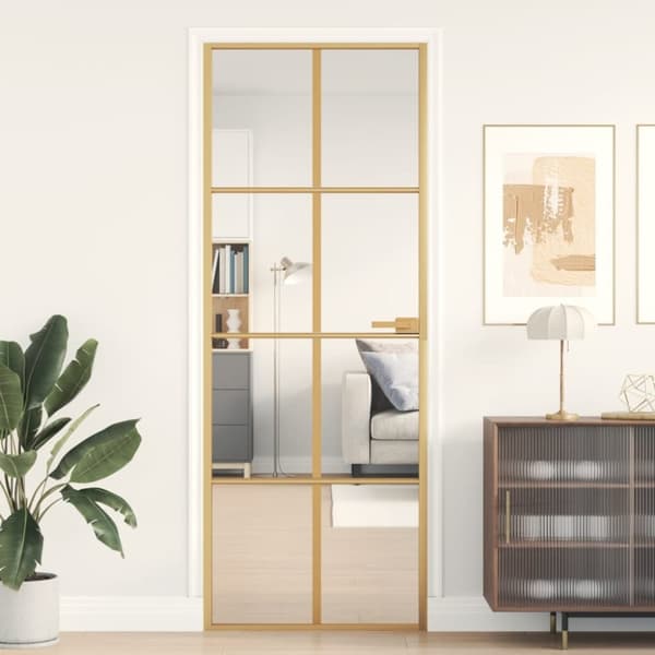 Innerdörr guld 76x201,5 cm härdat glas och aluminium slim