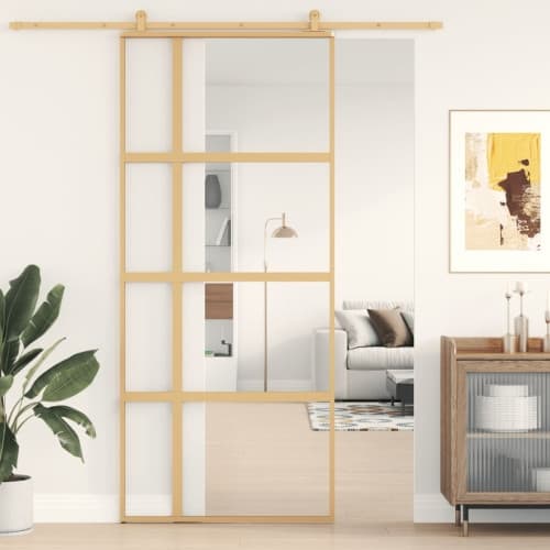 Skjutdörr guld 90x205 cm klart ESG-glas och aluminium