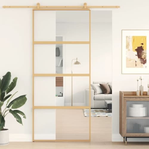 Skjutdörr guld 90x205 cm klart ESG-glas och aluminium