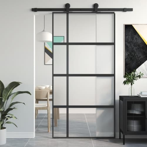 Skjutdörr svart 102,5x205 cm härdat glas och aluminium