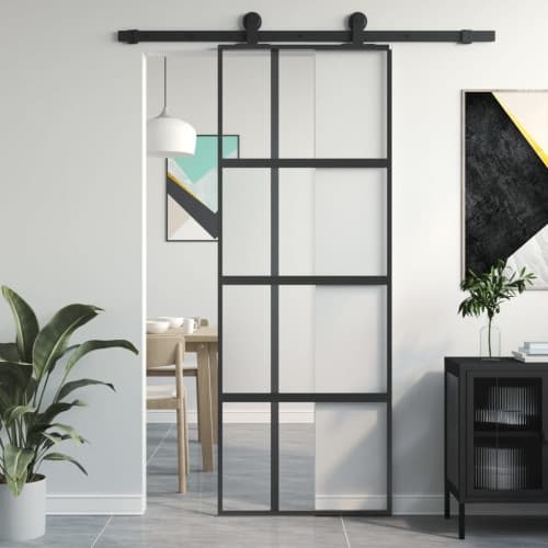 Skjutdörr svart 76x205 cm härdat glas och aluminium