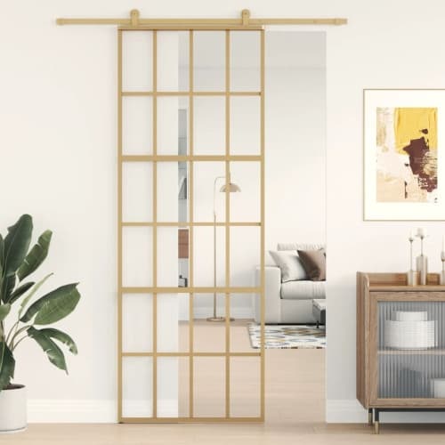 Skjutdörr guld 76x205 cm klart ESG-glas och aluminium