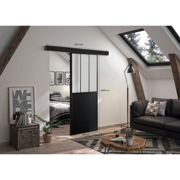 OPTIMUM skjutdörrssats + Atelierskena - H204 x B83 x D4 cm - Svart frostat glas