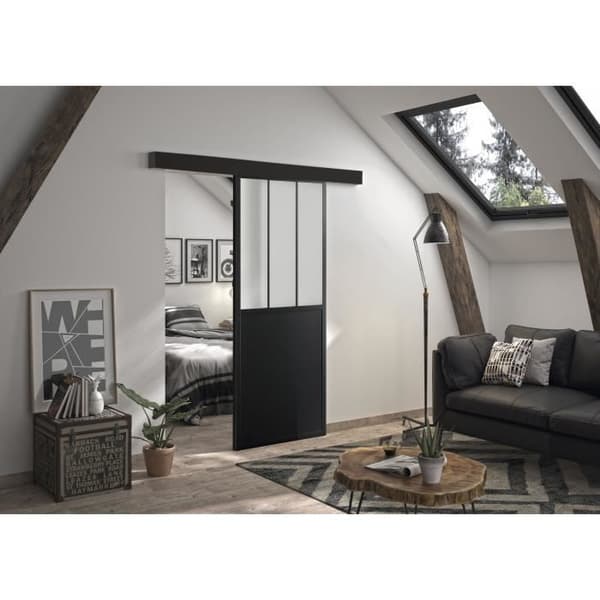 OPTIMUM ATELIER svart skjutdörrsats + skena 2 spjäll + skenklädsel - 204 x 73 cm - frostat glas