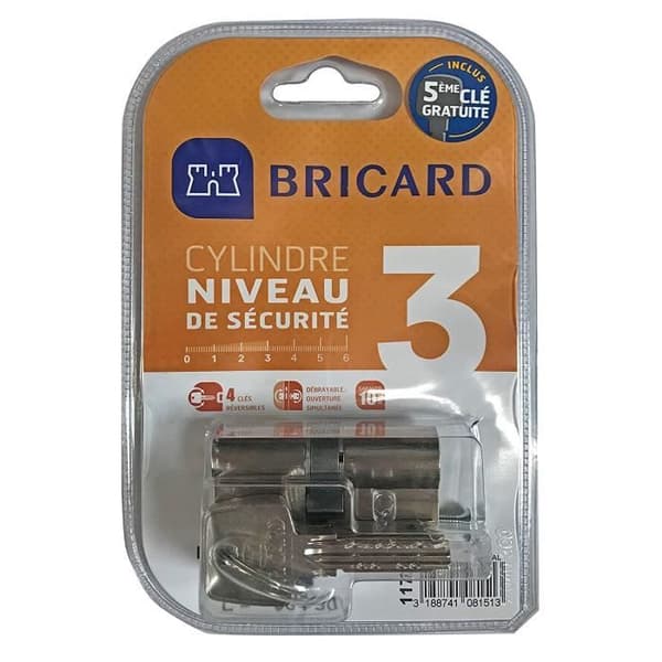 Bricard Urkopplingsbar Cylinder 5 ASTRAL 2.9 nycklar i förnicklad mässing 10 kolvar, 2 ingångar 30+40, skydd mot