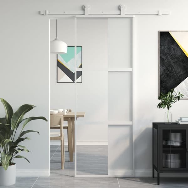 Skjutdörr vit 76x205 cm härdat glas och aluminium
