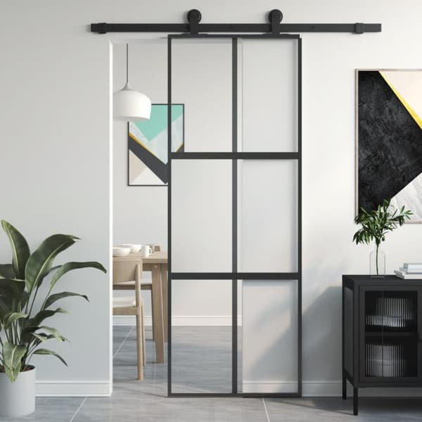 Skjutdörr svart 76x205 cm härdat glas och aluminium