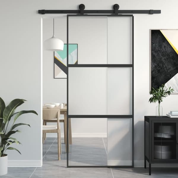 Skjutdörr svart 90x205 cm härdat glas och aluminium