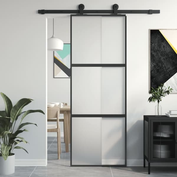 Skjutdörr svart 76x205 cm härdat glas och aluminium