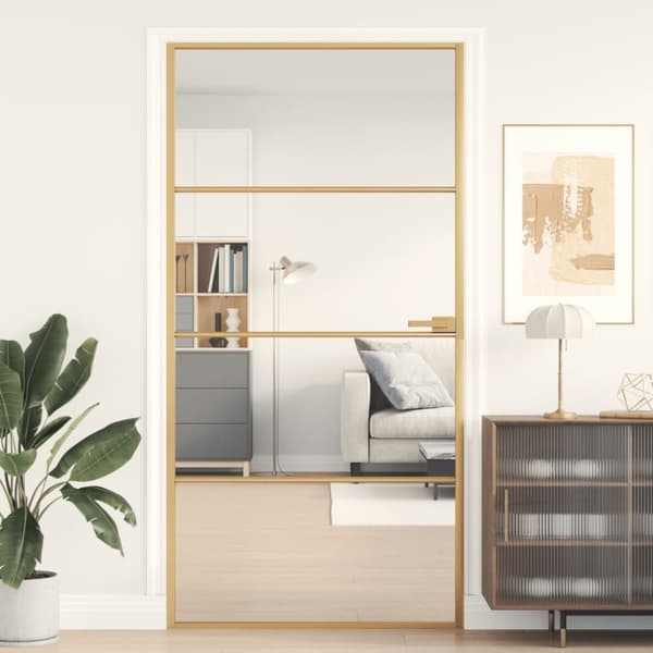 Innerdörr guld 102,5x201,5 cm härdat glas och aluminium slim