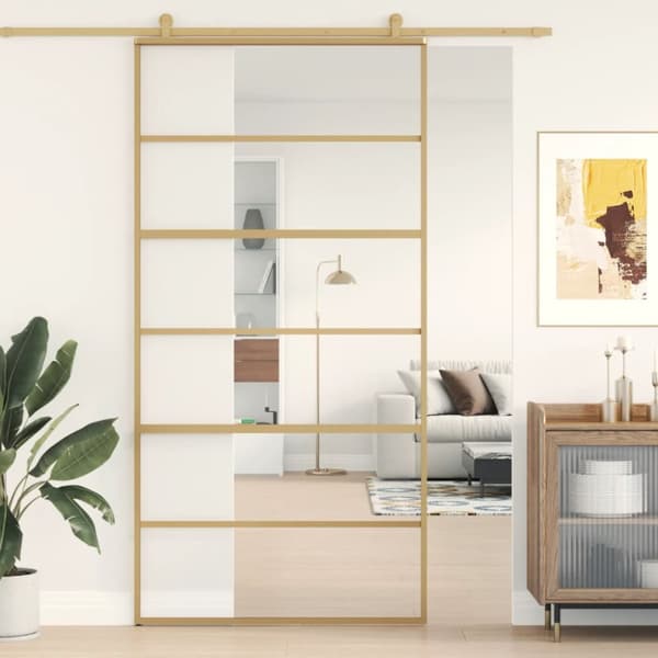 Skjutdörr guld 102,5x205 cm klart ESG-glas och aluminium