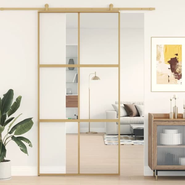 Skjutdörr guld 102,5x205 cm klart ESG-glas och aluminium