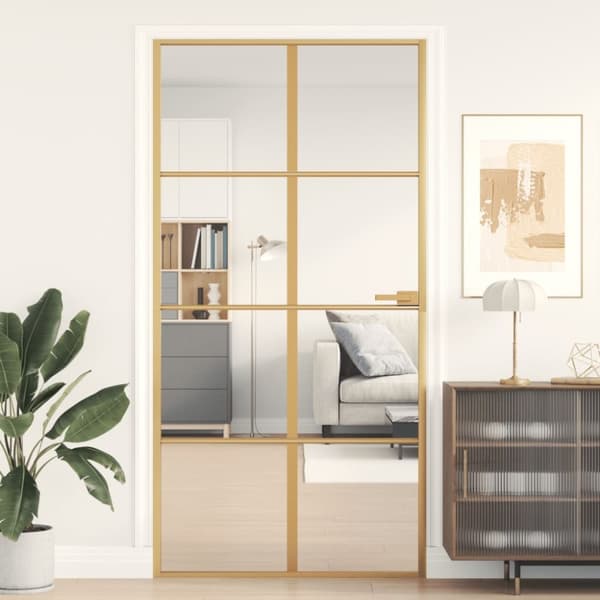 Innerdörr guld 102,5x201,5 cm härdat glas och aluminium slim
