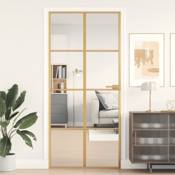 Innerdörr guld 93x201,5 cm härdat glas och aluminium slim